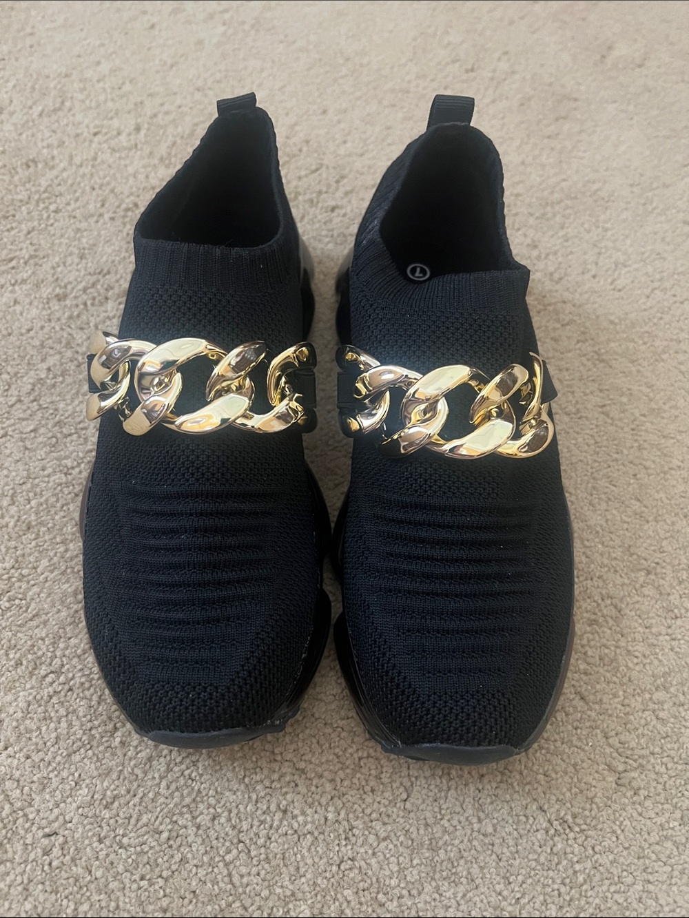 Black Slip-On Knit Sneakers with Gold Chain Accent
